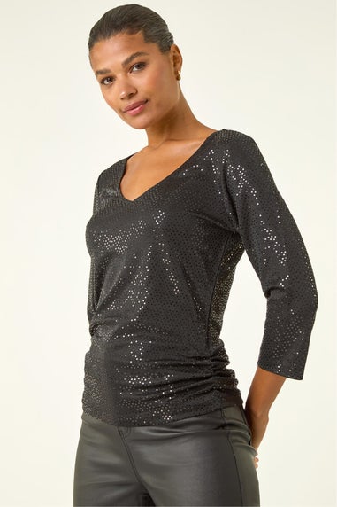 Roman Black Sequin Wrap Stretch Top