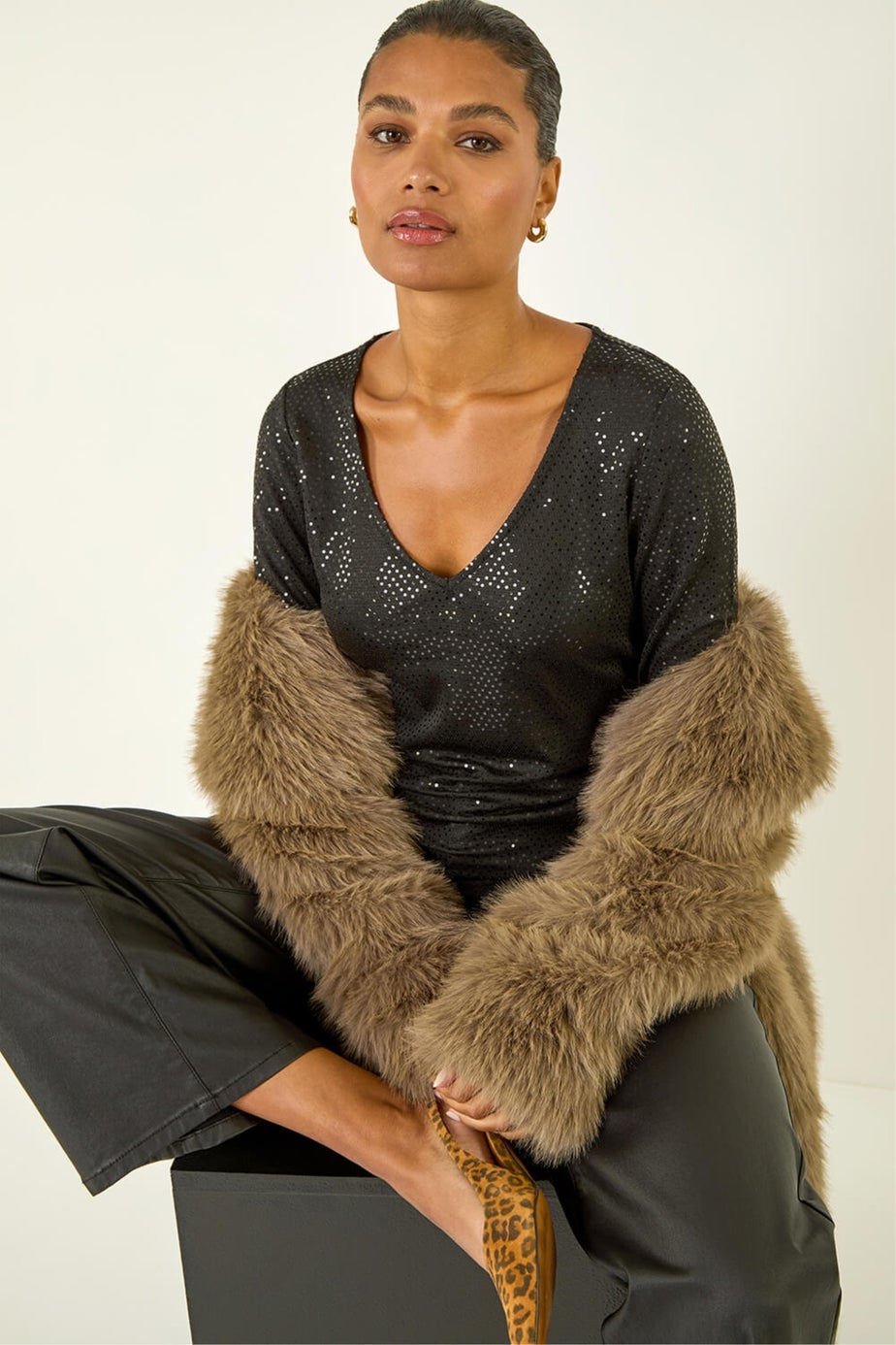 Roman Black Sequin Wrap Stretch Top