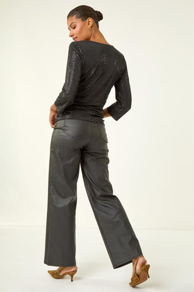 Roman Black Sequin Wrap Stretch Top