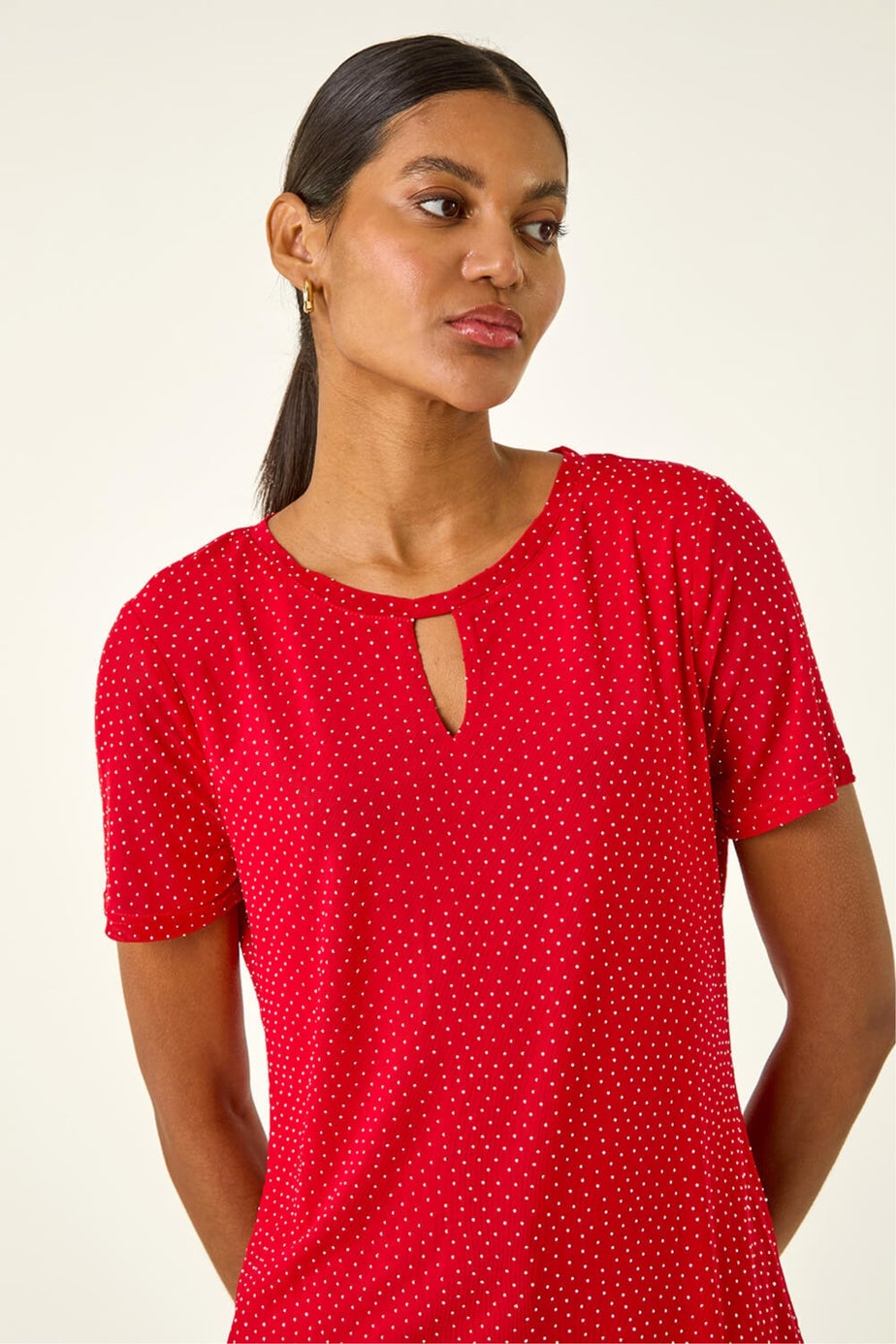 Roman Red Embellished Keyhole Stretch Top
