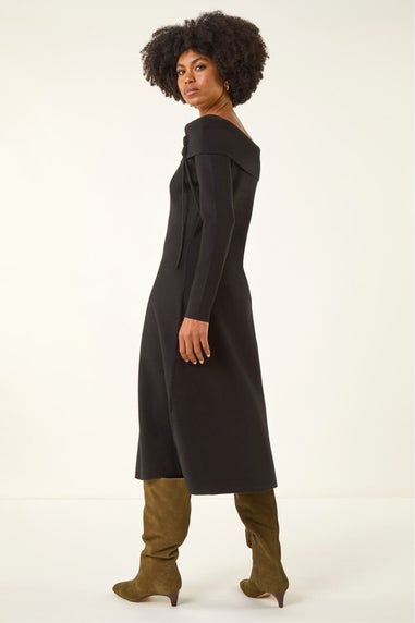 Roman Black Floral Bardot Knit Midi Dress