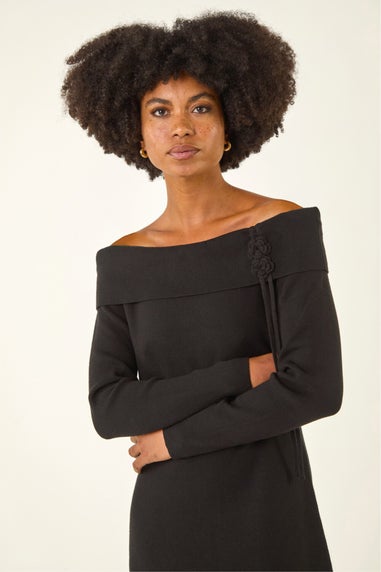 Roman Black Floral Bardot Knit Midi Dress
