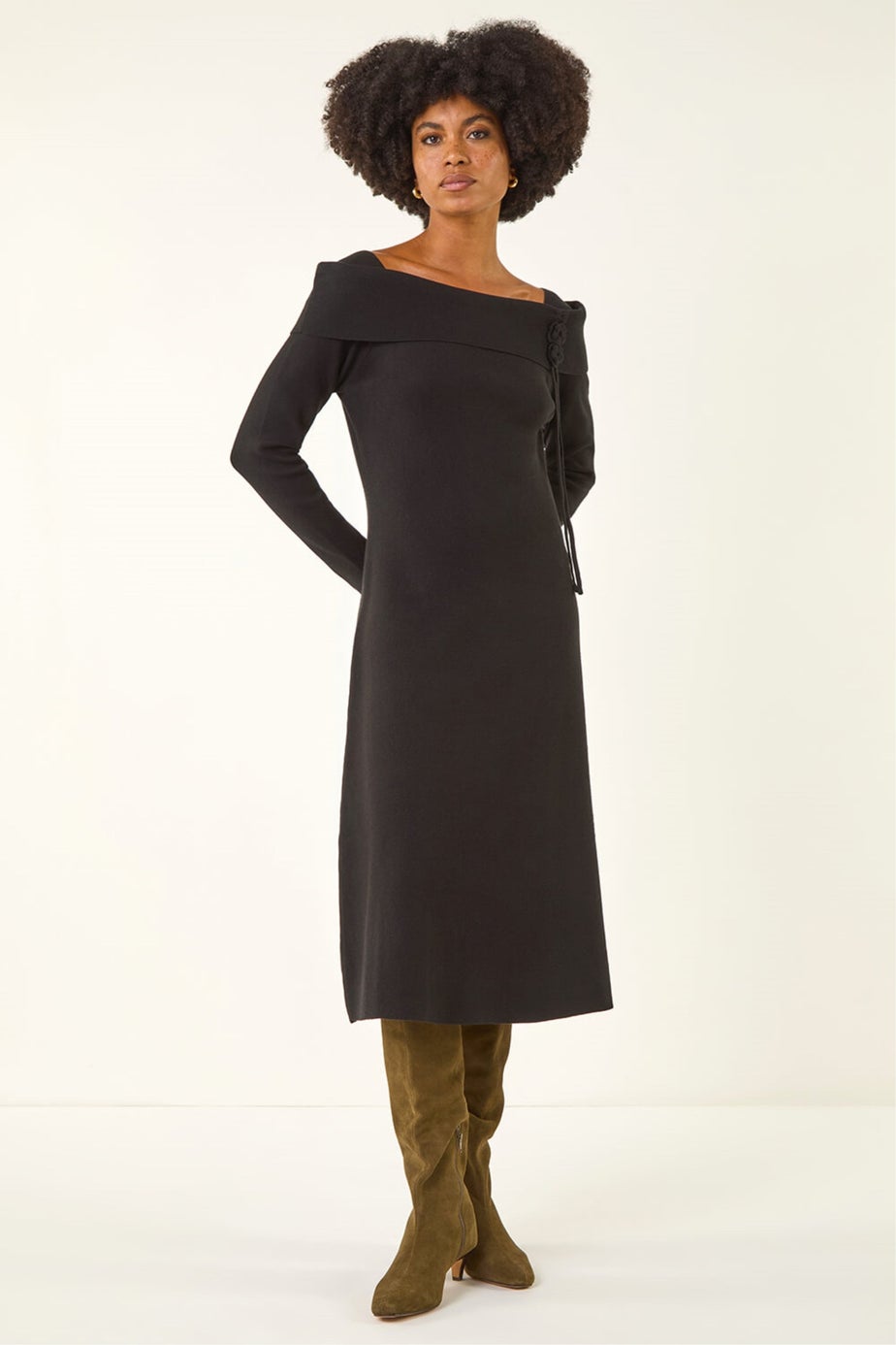 Roman Black Floral Bardot Knit Midi Dress