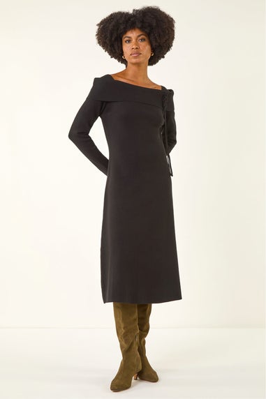 Roman Black Floral Bardot Knit Midi Dress