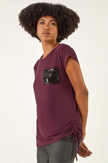 Roman Burgundy Sequin Pocket Side Ruched T-Shirt