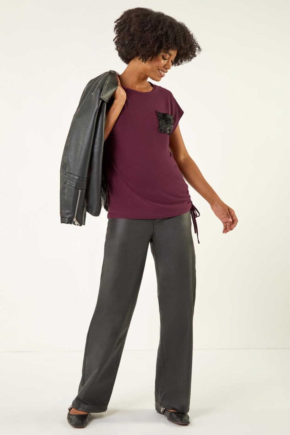 Roman Burgundy Sequin Pocket Side Ruched T-Shirt