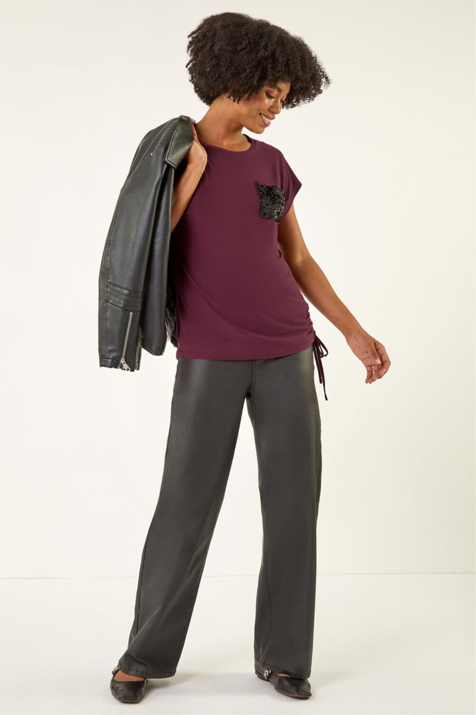 Roman Burgundy Sequin Pocket Side Ruched T-Shirt