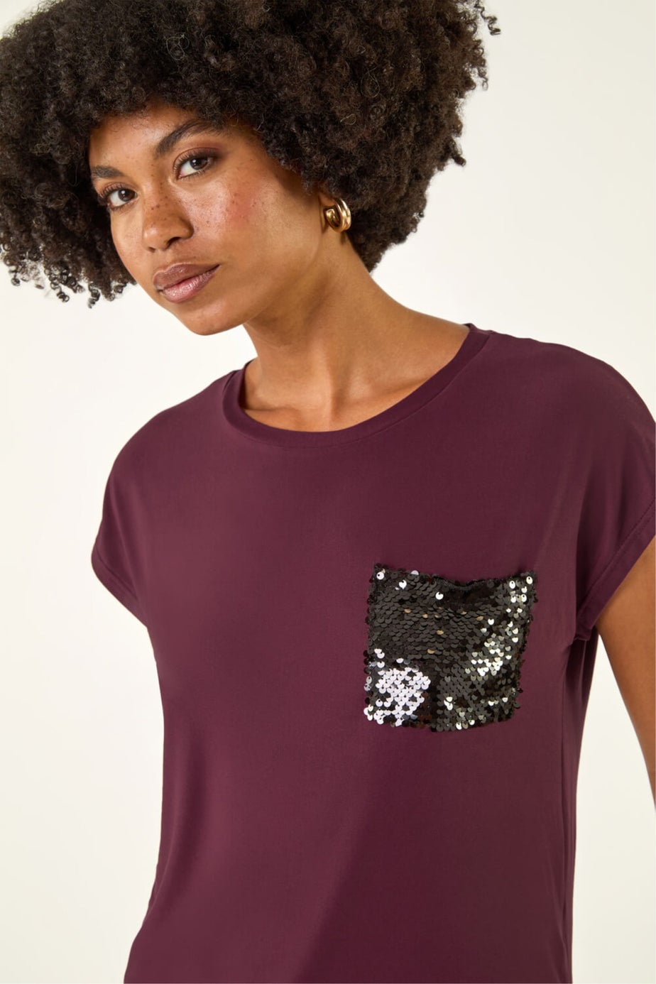 Roman Burgundy Sequin Pocket Side Ruched T-Shirt