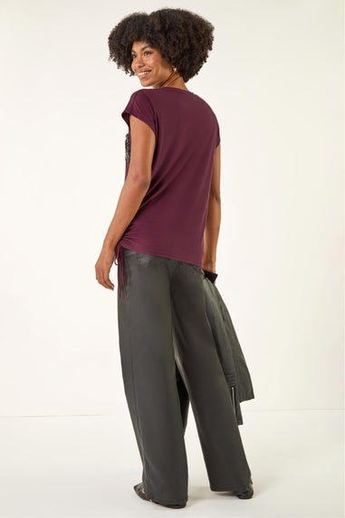 Roman Burgundy Sequin Pocket Side Ruched T-Shirt