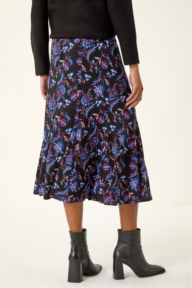 Roman Blue Floral Stretch Midi Skirt