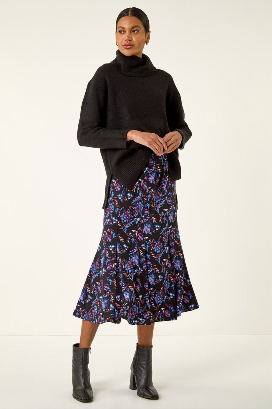 Roman Blue Floral Stretch Midi Skirt