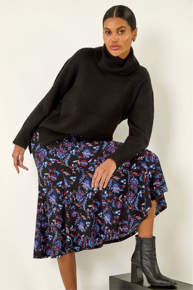 Roman Blue Floral Stretch Midi Skirt