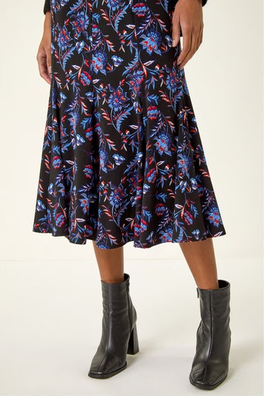 Roman Blue Floral Stretch Midi Skirt