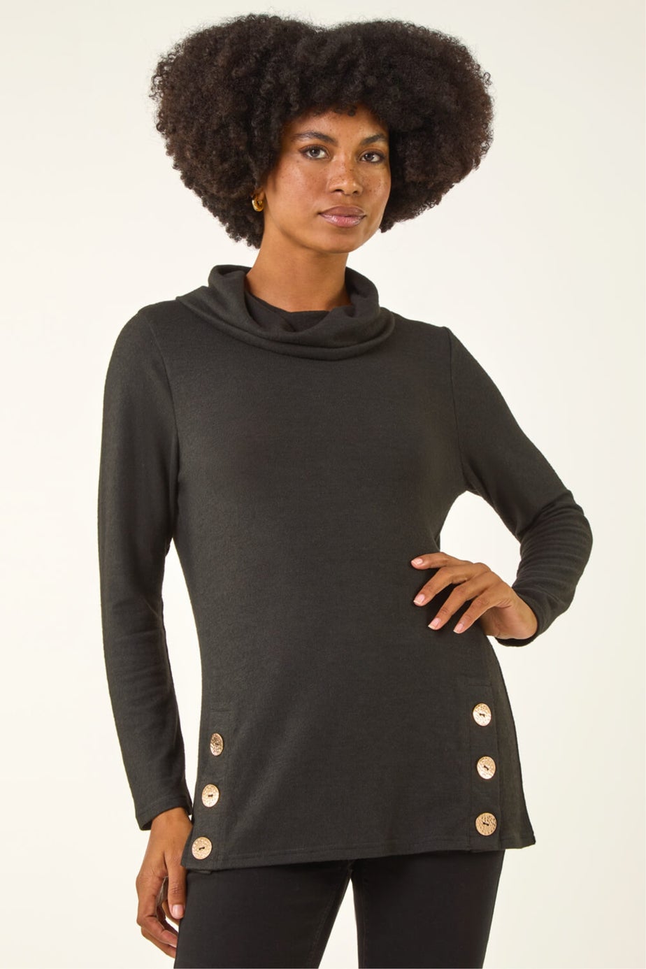 Roman Black High Neck Buttoned Top