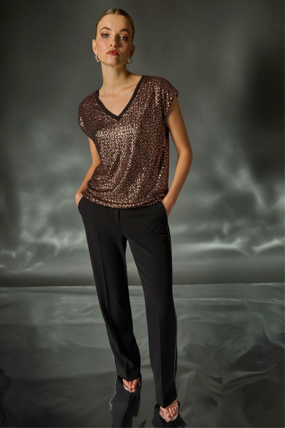Roman Bronze Sequin V-Neck Stretch Top