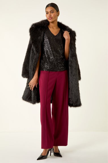 Roman Black Sequin V-Neck Stretch Top