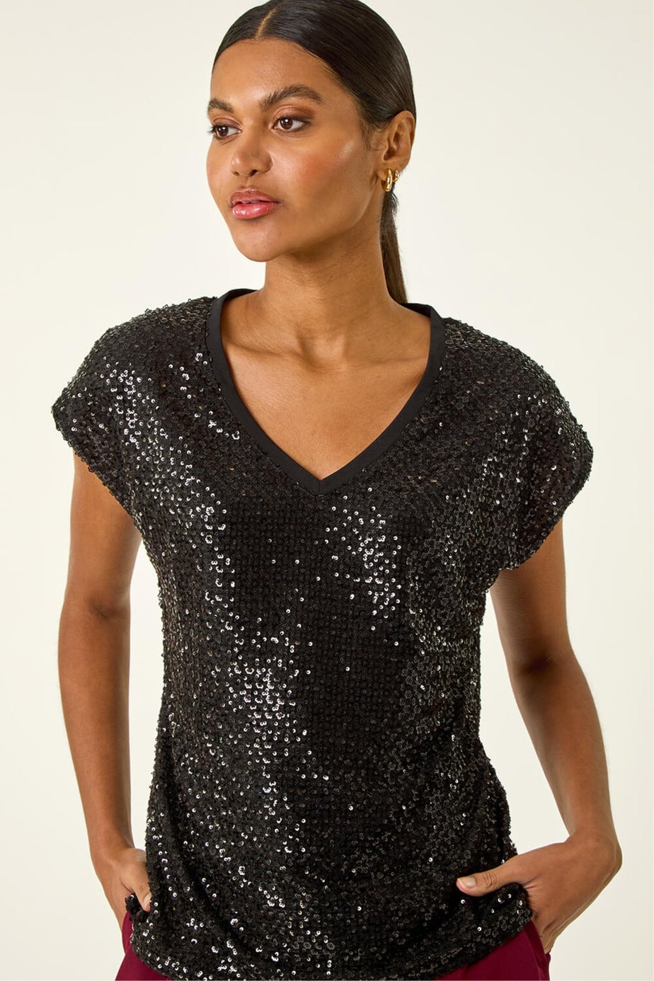 Roman Black Sequin V-Neck Stretch Top