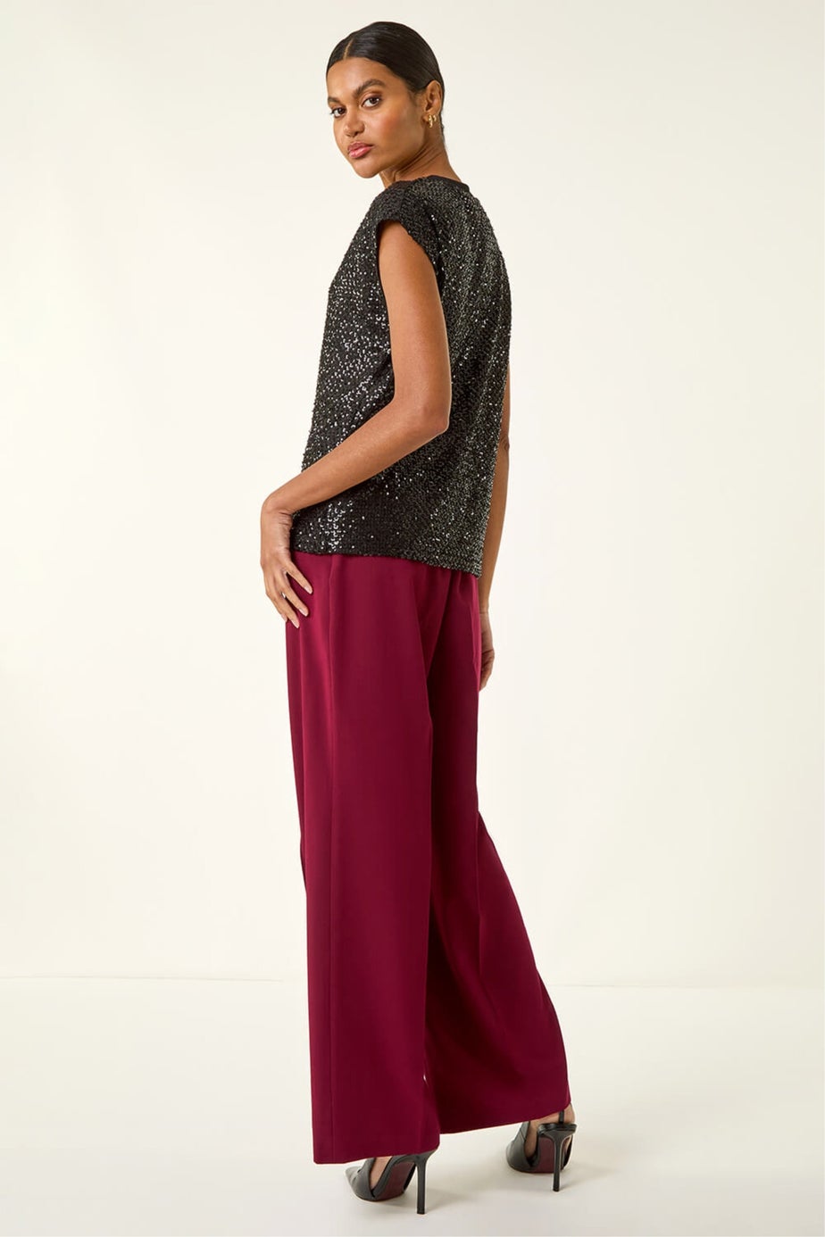 Roman Black Sequin V-Neck Stretch Top