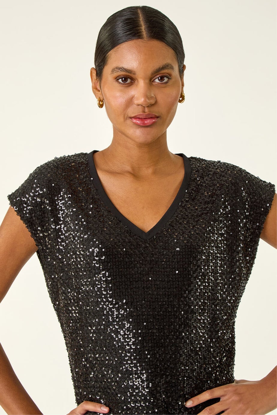 Roman Black Sequin V-Neck Stretch Top