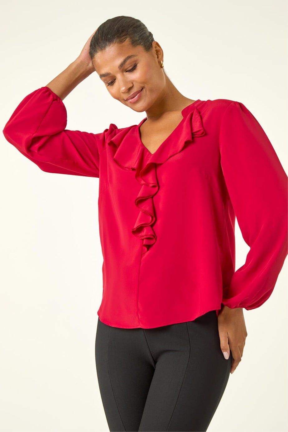 Roman Red Ruffle Neck Blouse