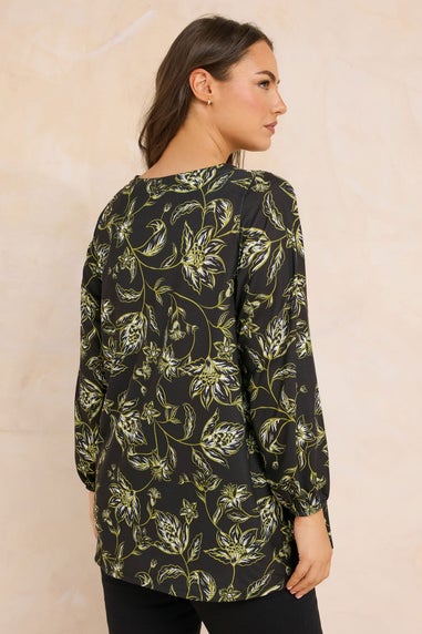 Evans Curve Black Paisley Print Pleat Front Top