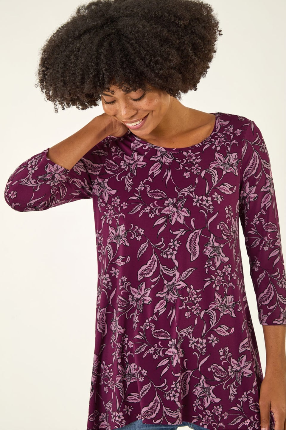 Roman Burgundy Floral Hanky Hem Tunic Top