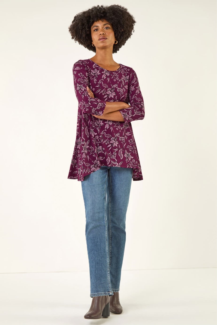 Roman Burgundy Floral Hanky Hem Tunic Top