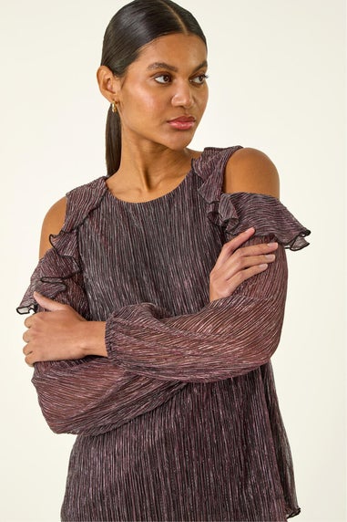 Roman Pink Shimmer Cold Shoulder Plisse Top