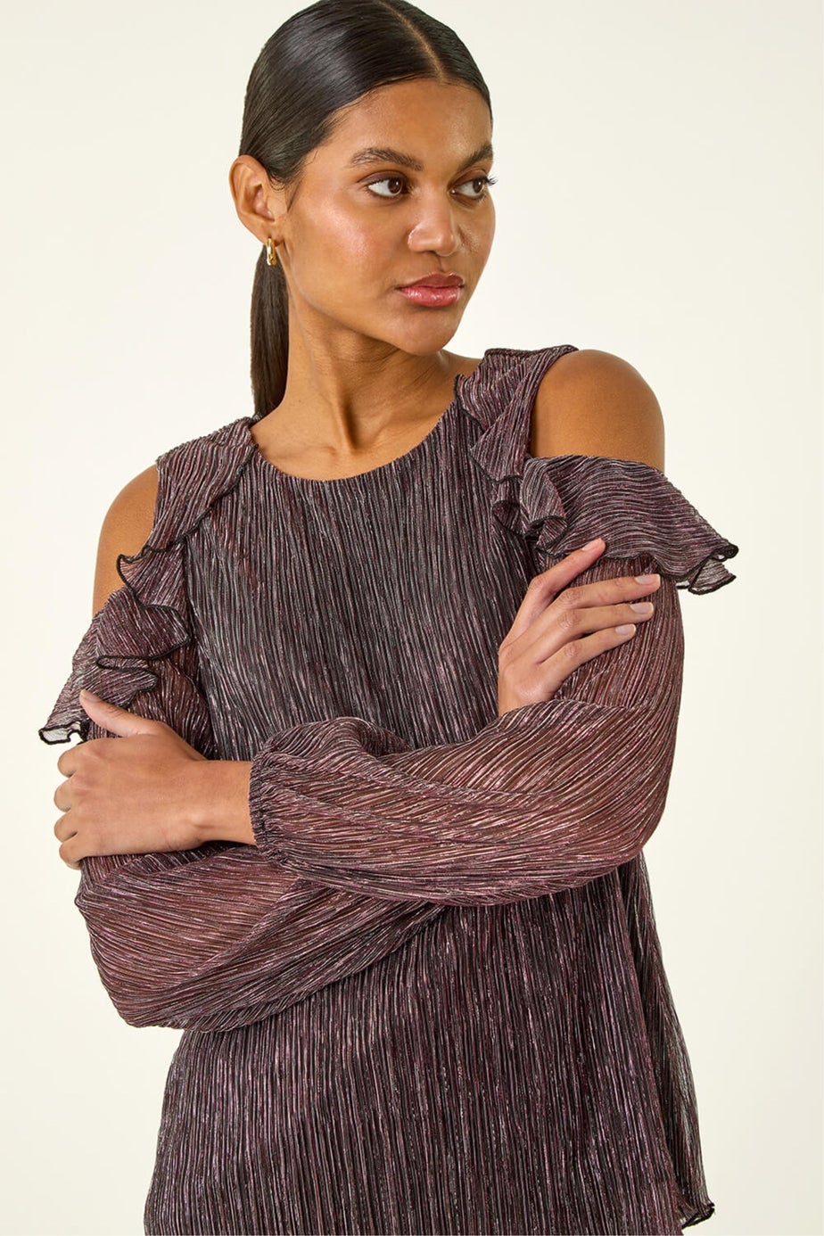 Roman Pink Shimmer Cold Shoulder Plisse Top