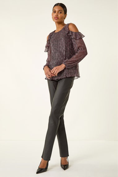 Roman Pink Shimmer Cold Shoulder Plisse Top