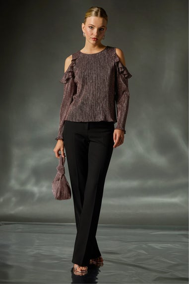 Roman Pink Shimmer Cold Shoulder Plisse Top