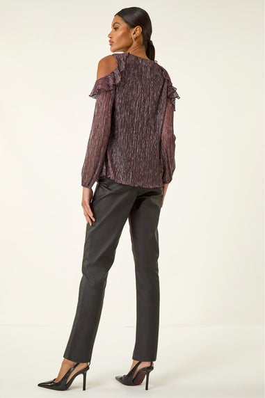 Roman Pink Shimmer Cold Shoulder Plisse Top