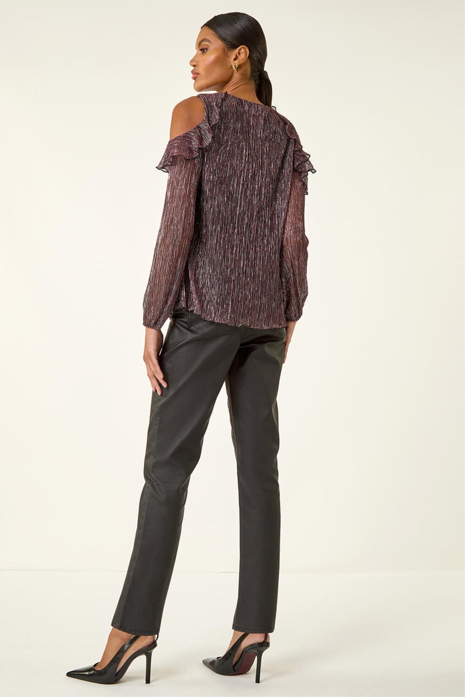 Roman Pink Shimmer Cold Shoulder Plisse Top
