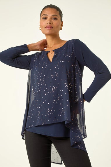 Roman Navy Ring Front Foil Tunic Top