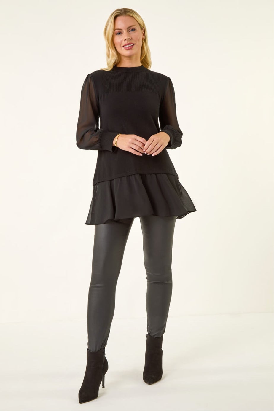 Roman Black Petite Contrast Chiffon Knit Jumper