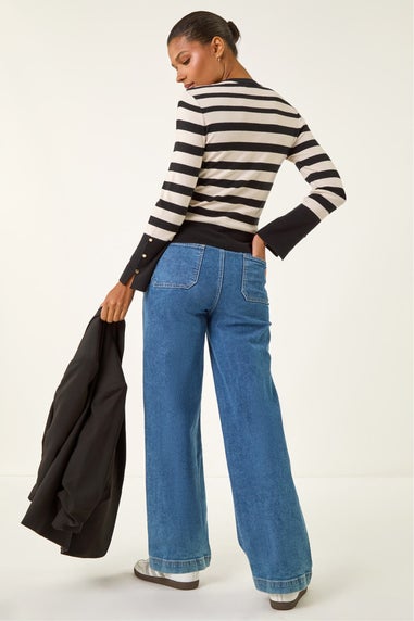 Roman Ivory Stripe Button Detail Knit Jumper