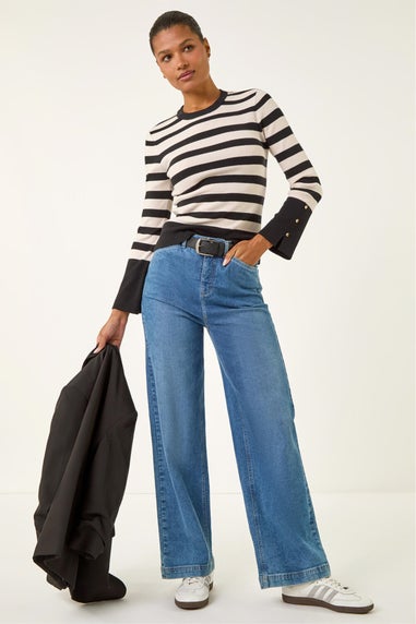 Roman Ivory Stripe Button Detail Knit Jumper