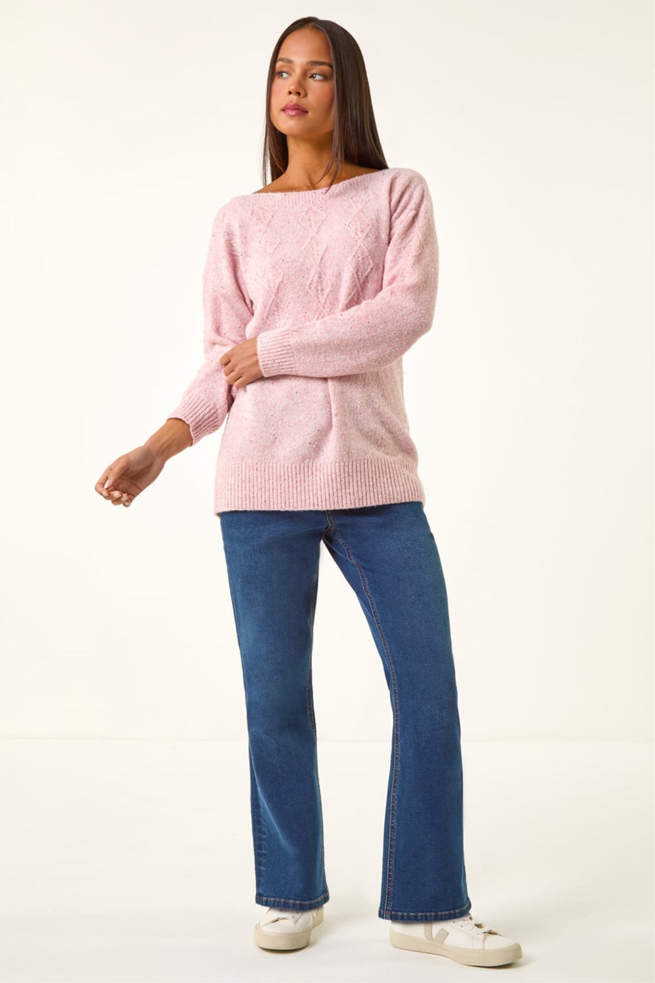 Roman Light Pink Petite Sequin Cable Knit Jumper
