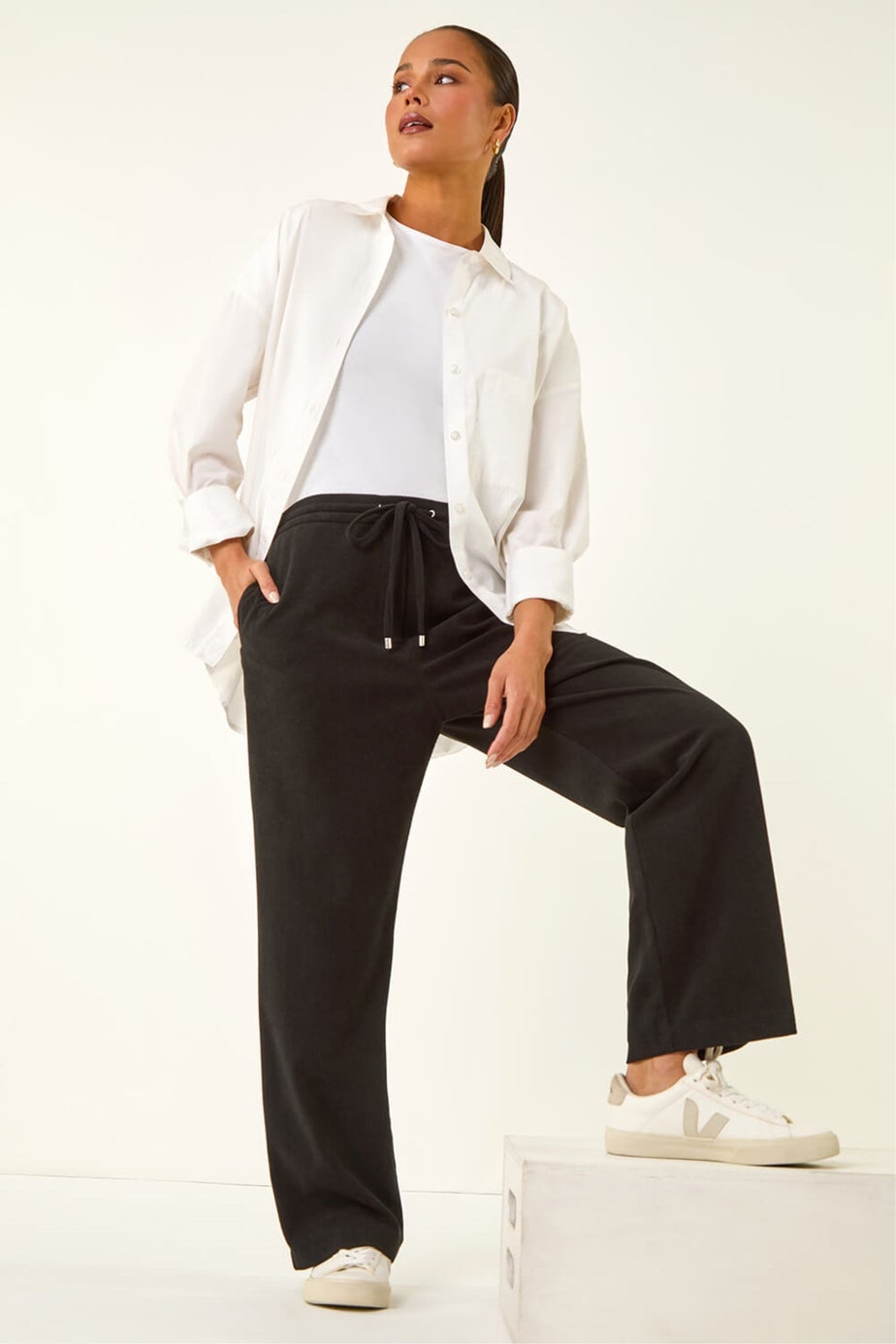 Roman Black Petite Corduroy Drawstring Trouser