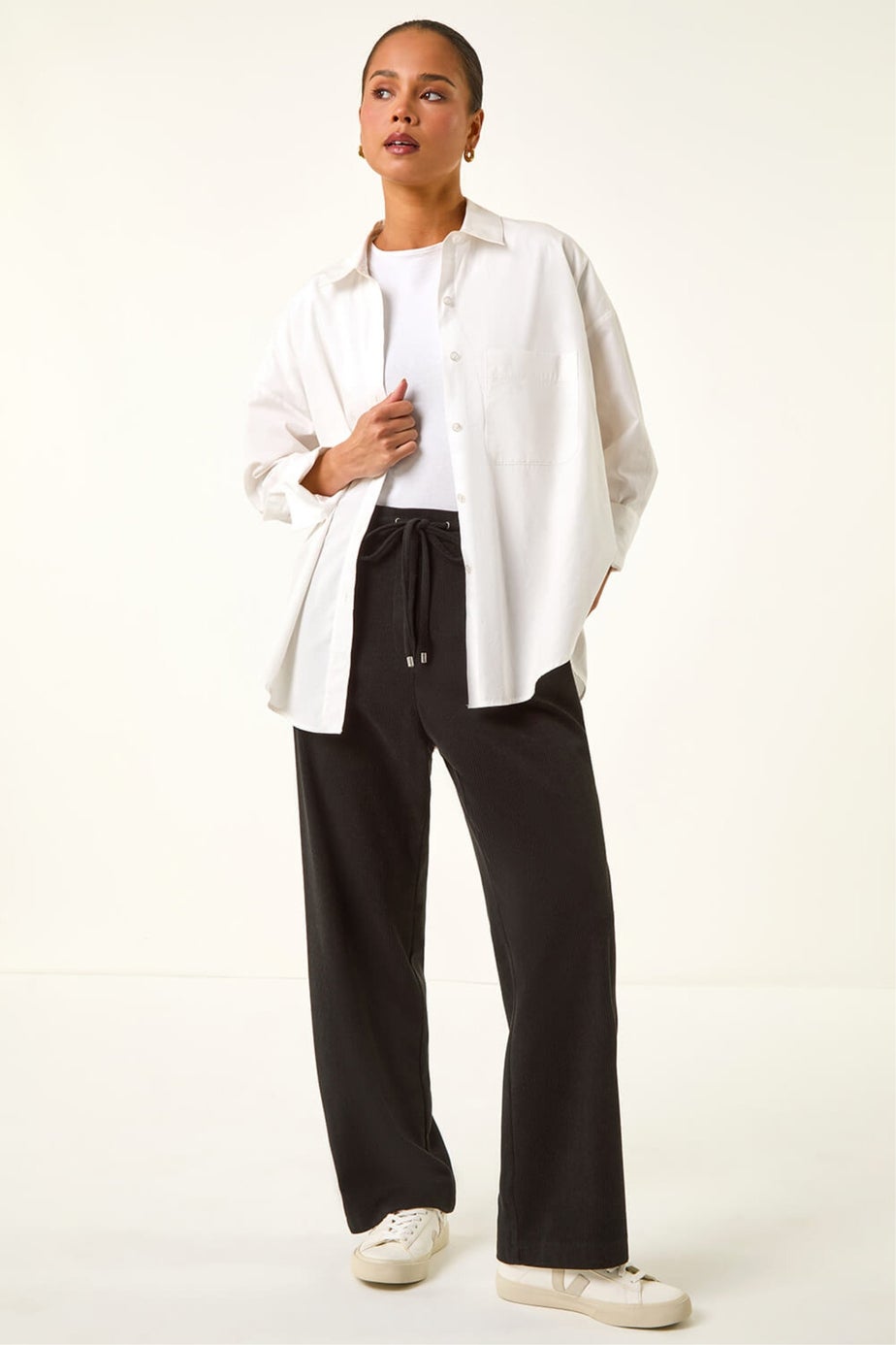 Roman Black Petite Corduroy Drawstring Trouser