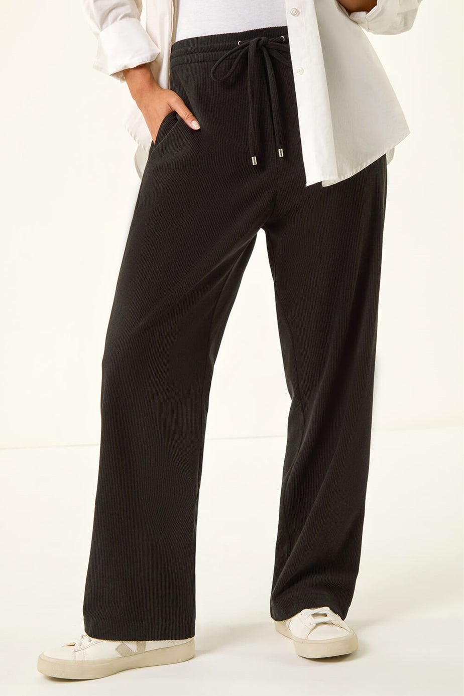 Roman Black Petite Corduroy Drawstring Trouser