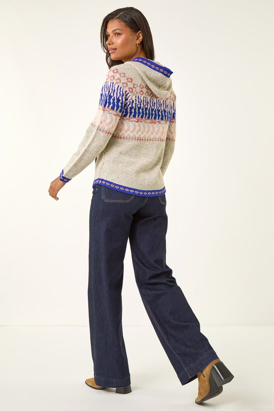 Roman Light Grey Nordic Print Knitted Hooded V-Neck Jumper