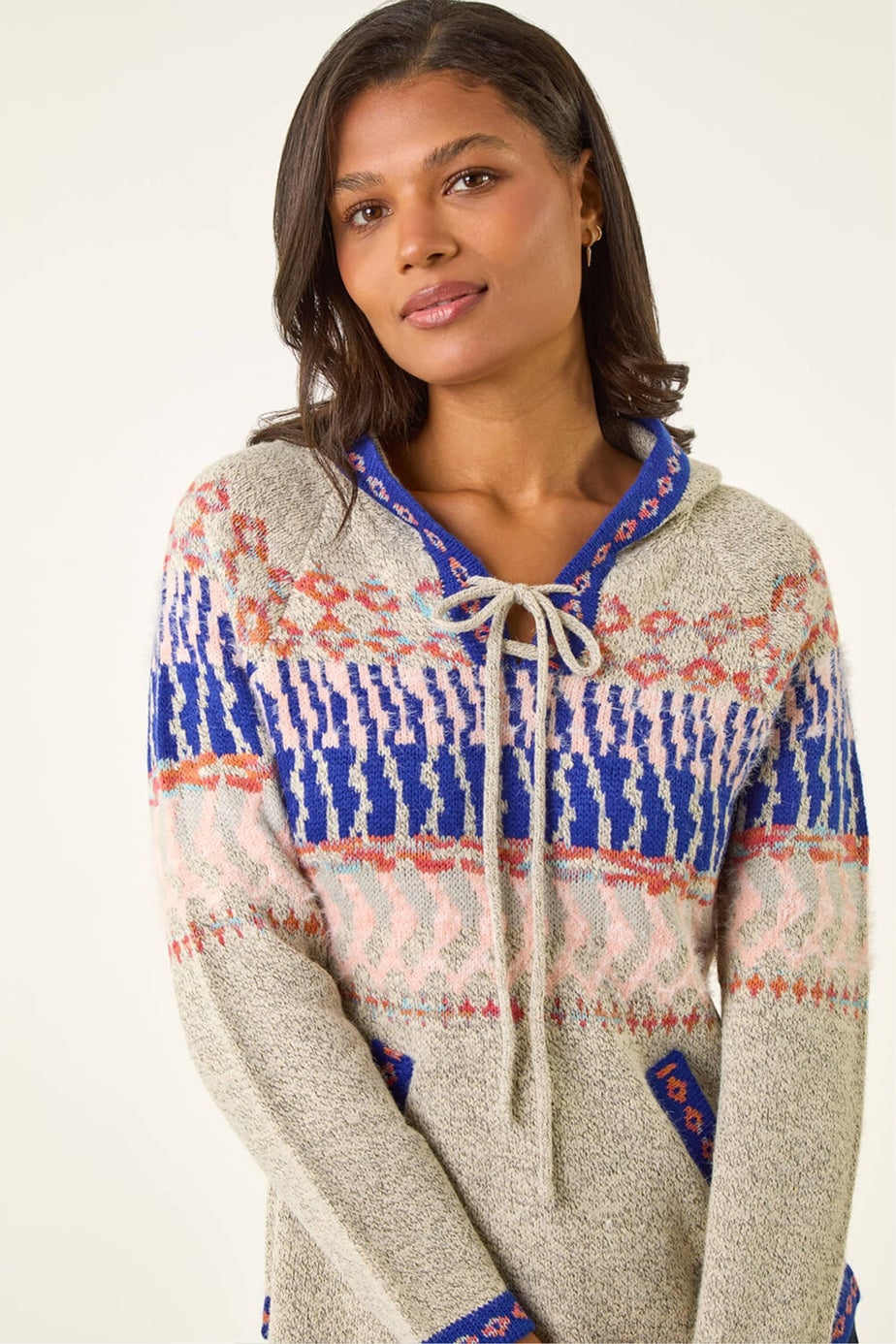 Roman Light Grey Nordic Print Knitted Hooded V-Neck Jumper