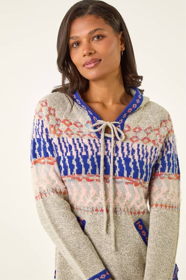 Roman Light Grey Nordic Print Knitted Hooded V-Neck Jumper
