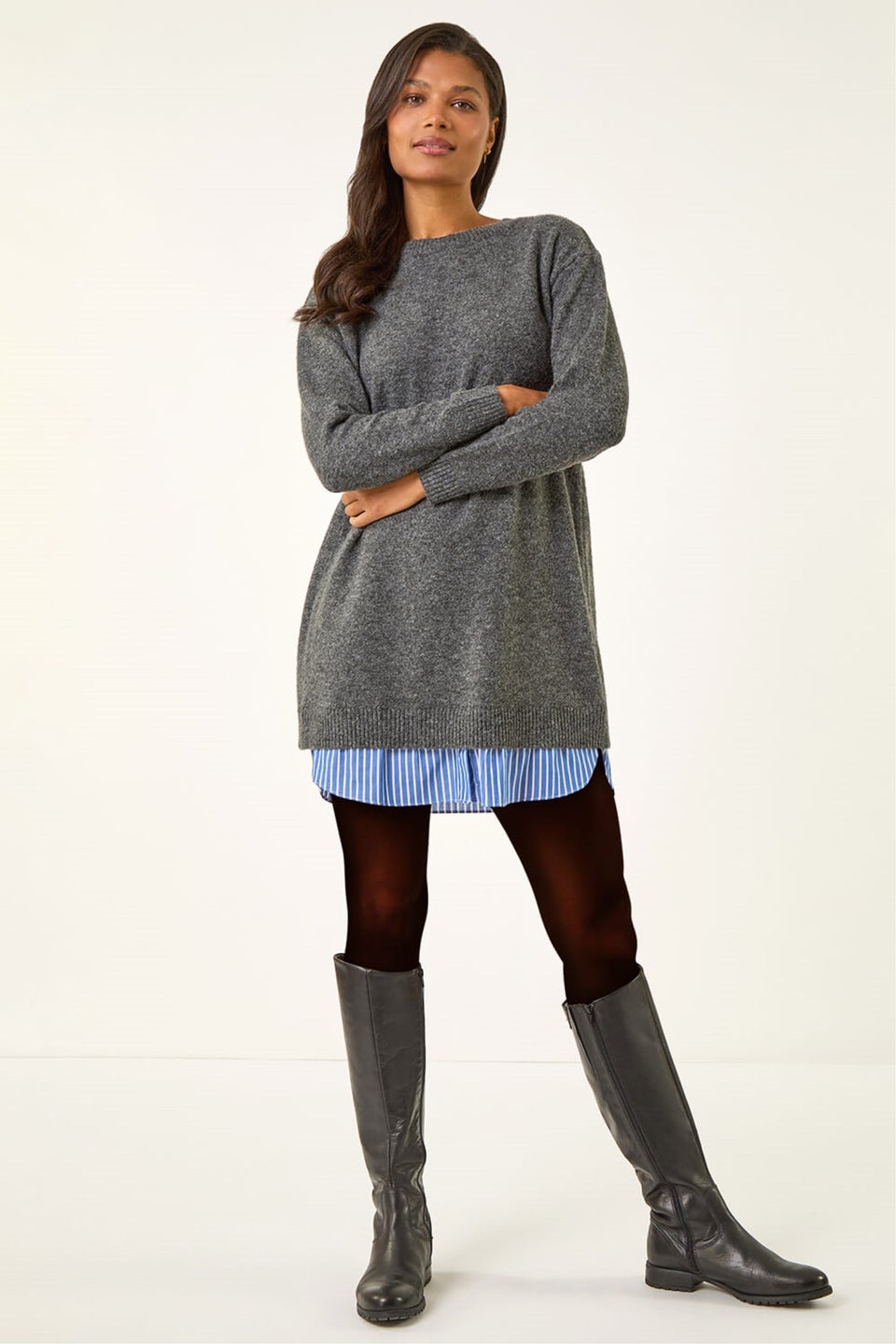 Roman Grey Mock Shirt Knitted Dress