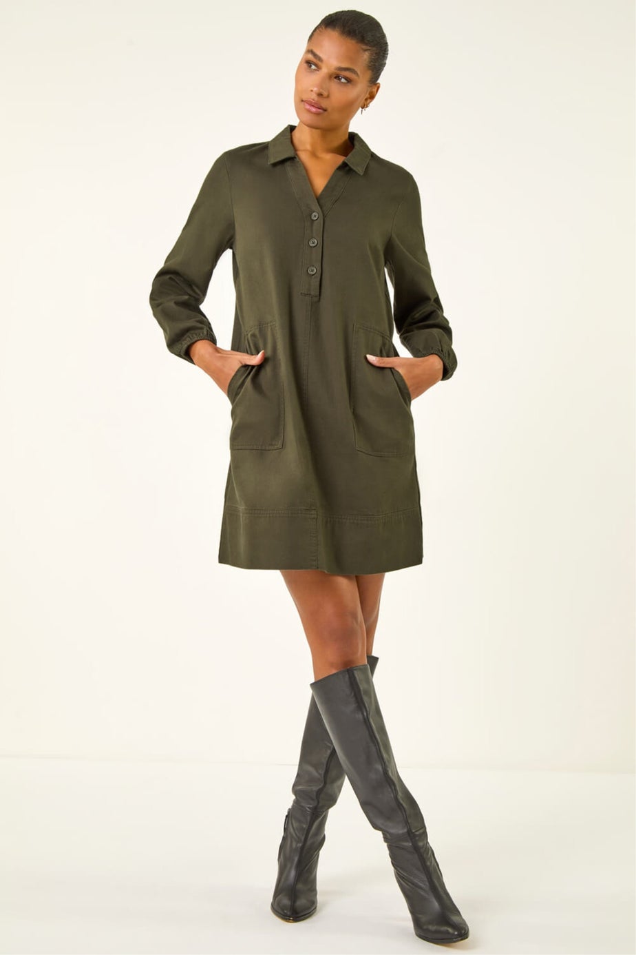 Roman Khaki Collared Shift Shirt Dress