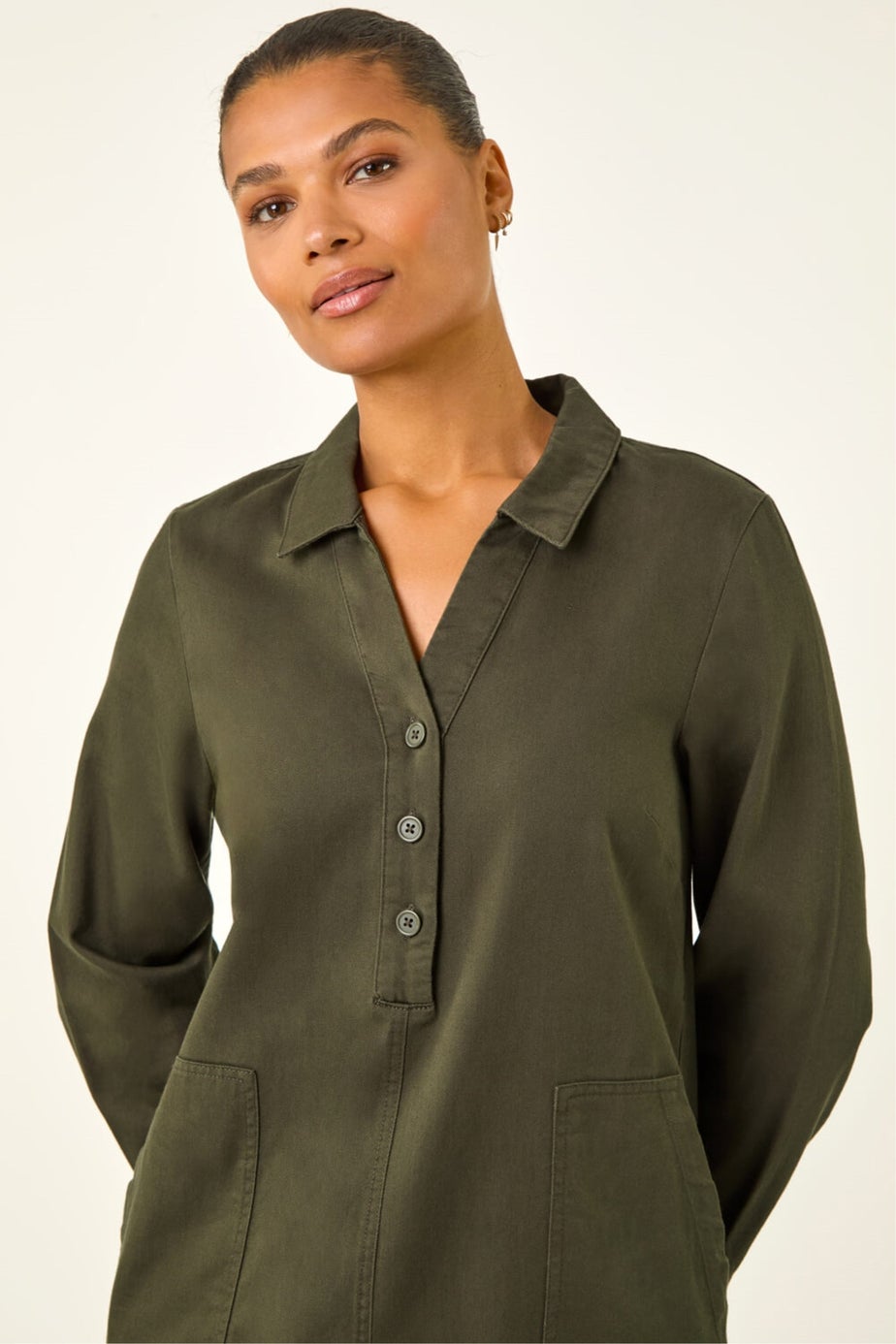 Roman Khaki Collared Shift Shirt Dress