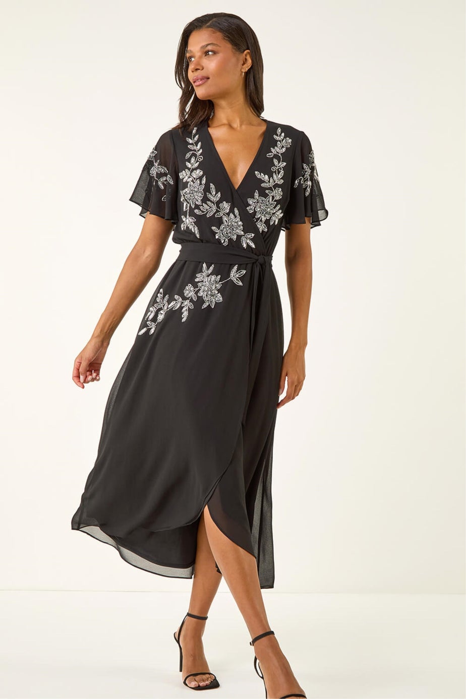 Roman Black Premium Beaded Wrap Midi Dress