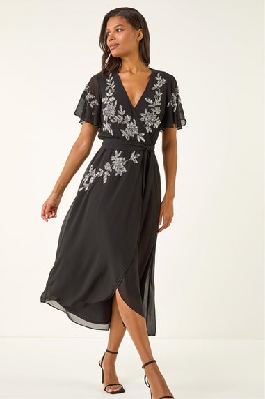 Roman Black Premium Beaded Wrap Midi Dress