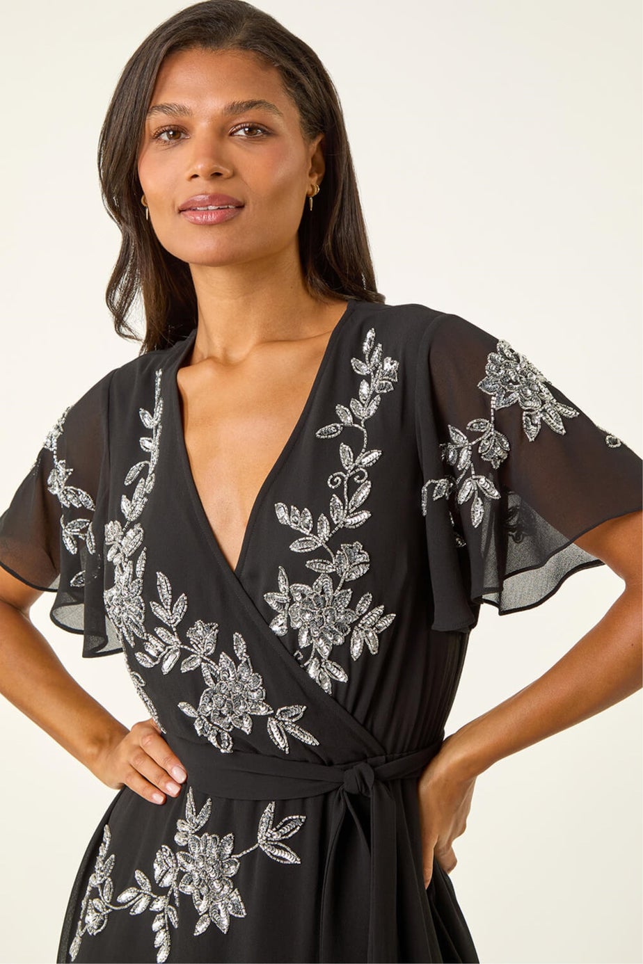Roman Black Premium Beaded Wrap Midi Dress